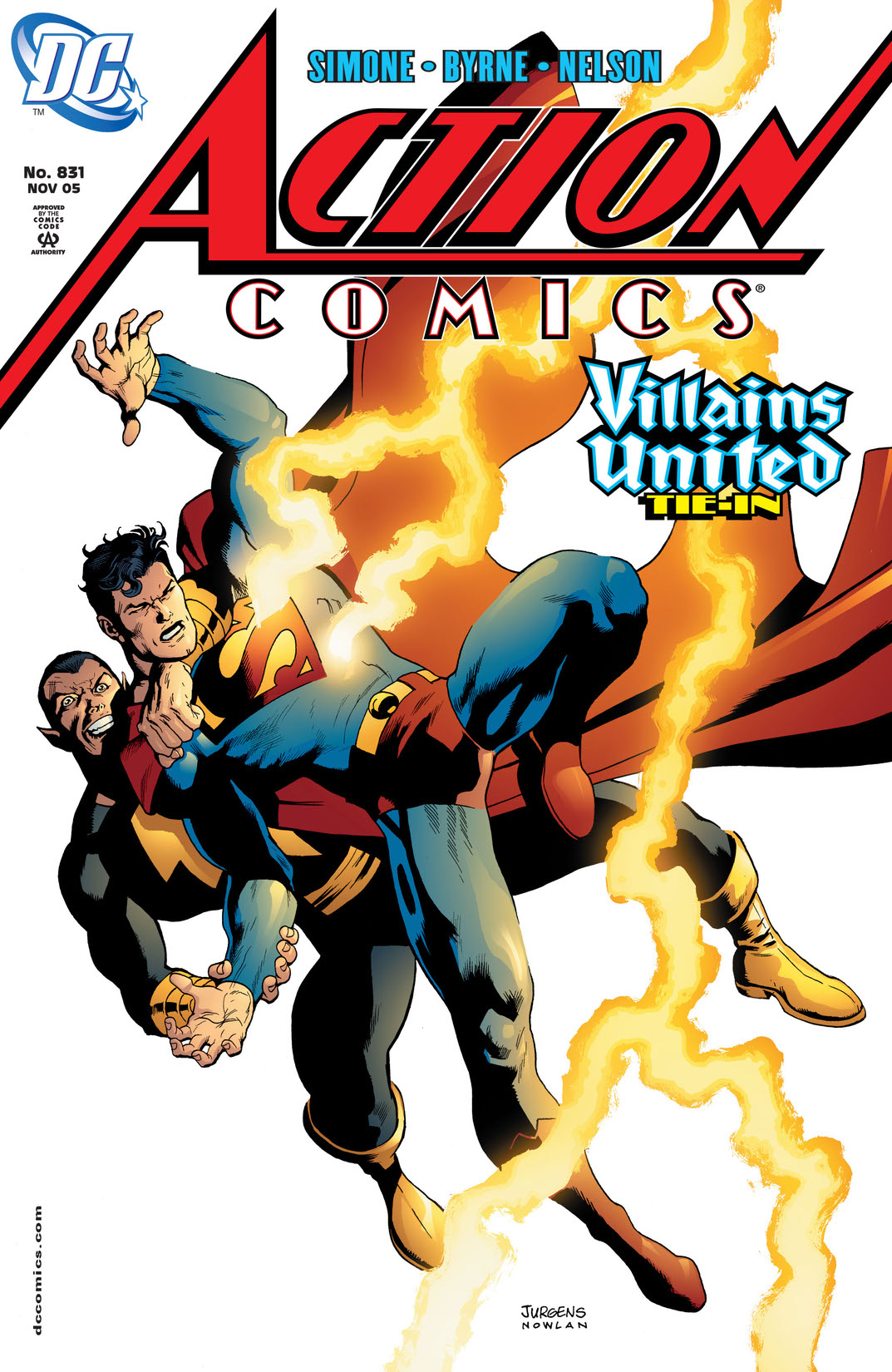 Superman and Black Adam battling with lightning striking Superman on the front cover of 'Action Comics #831'.