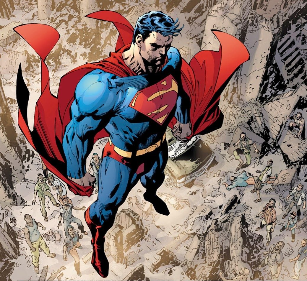Superman in the Middle East hovering over the land to stop a war.