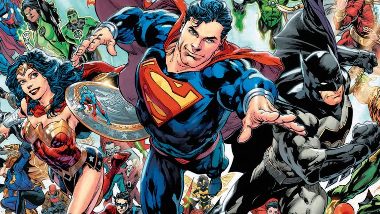 Superman, Batman and Wonder Woman flying in DC Universe: Rebirth leading the other heroes.