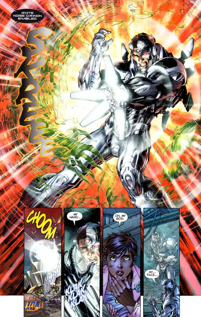 In 'Justice League #4' (2011), Cyborg vaporizes a parademon with a White Noise Cannon.