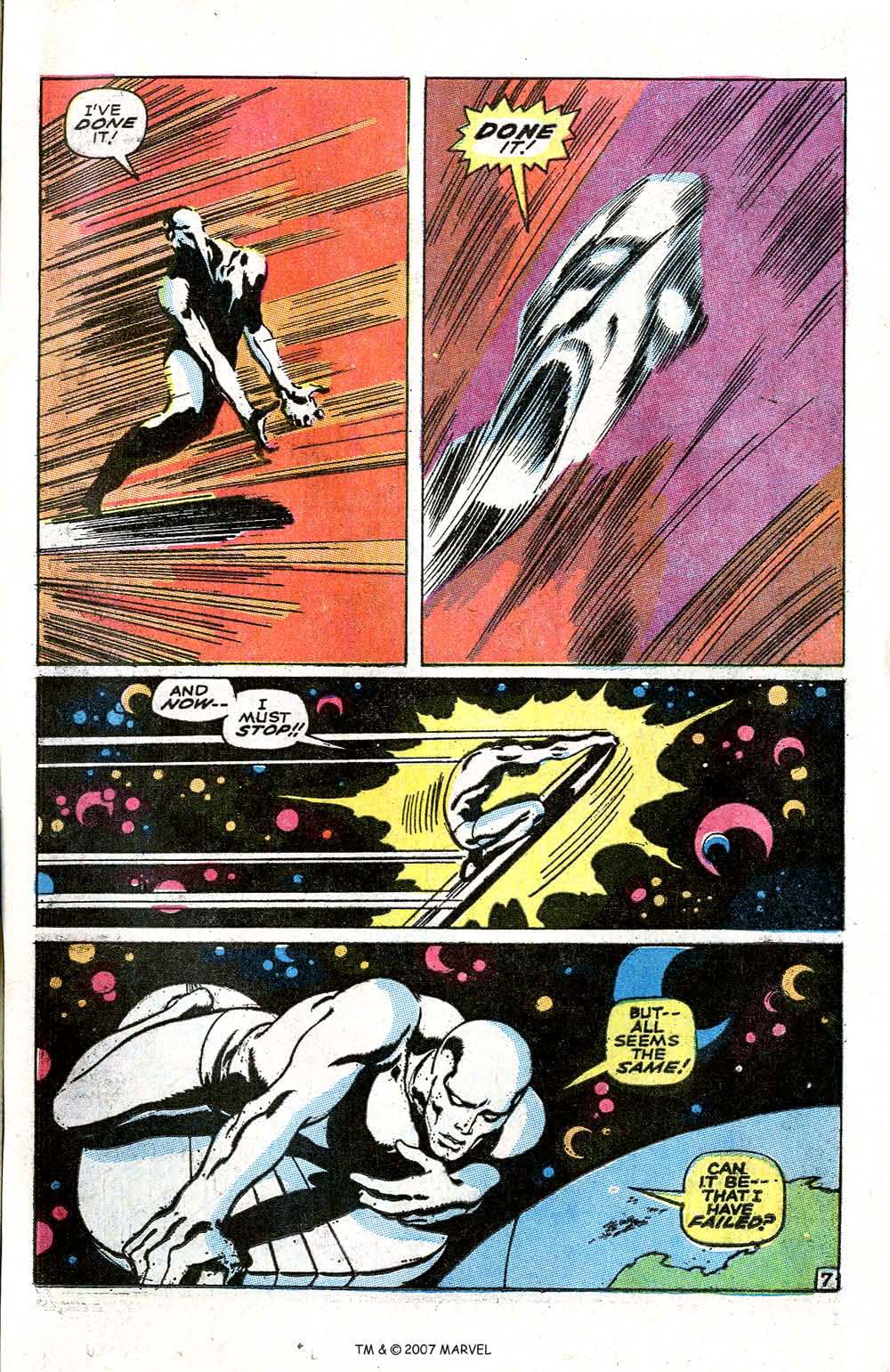 In 'Silver Surfer' (1969) #6, Silver Surfer time travels to the future in order to break Galactus' space barrier around Earth.