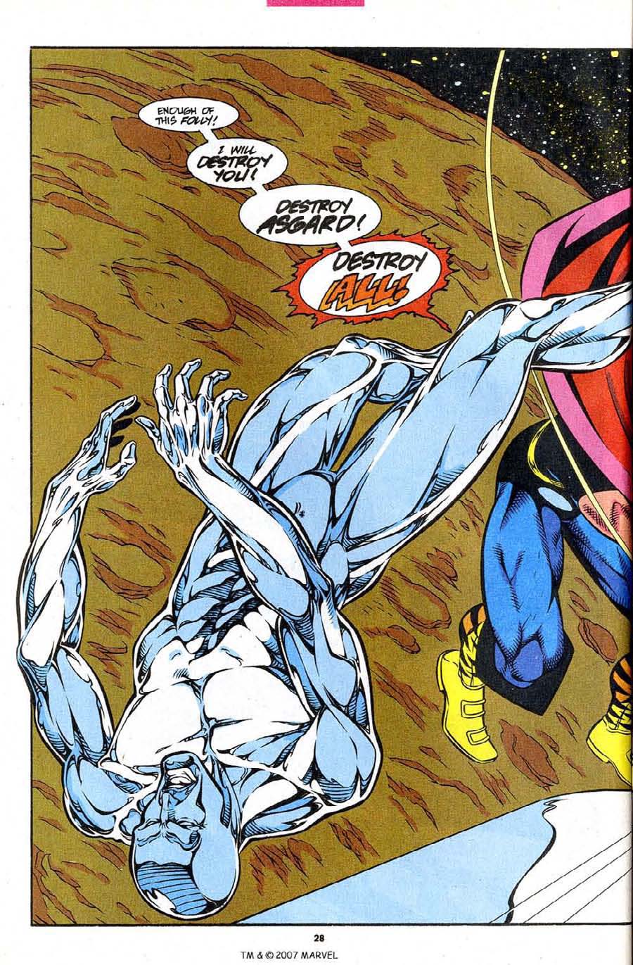 In 'Silver Surfer' (1993) #3, Warrior Madness Thor knocks out Silver Surfer at full power with a hammer strike.