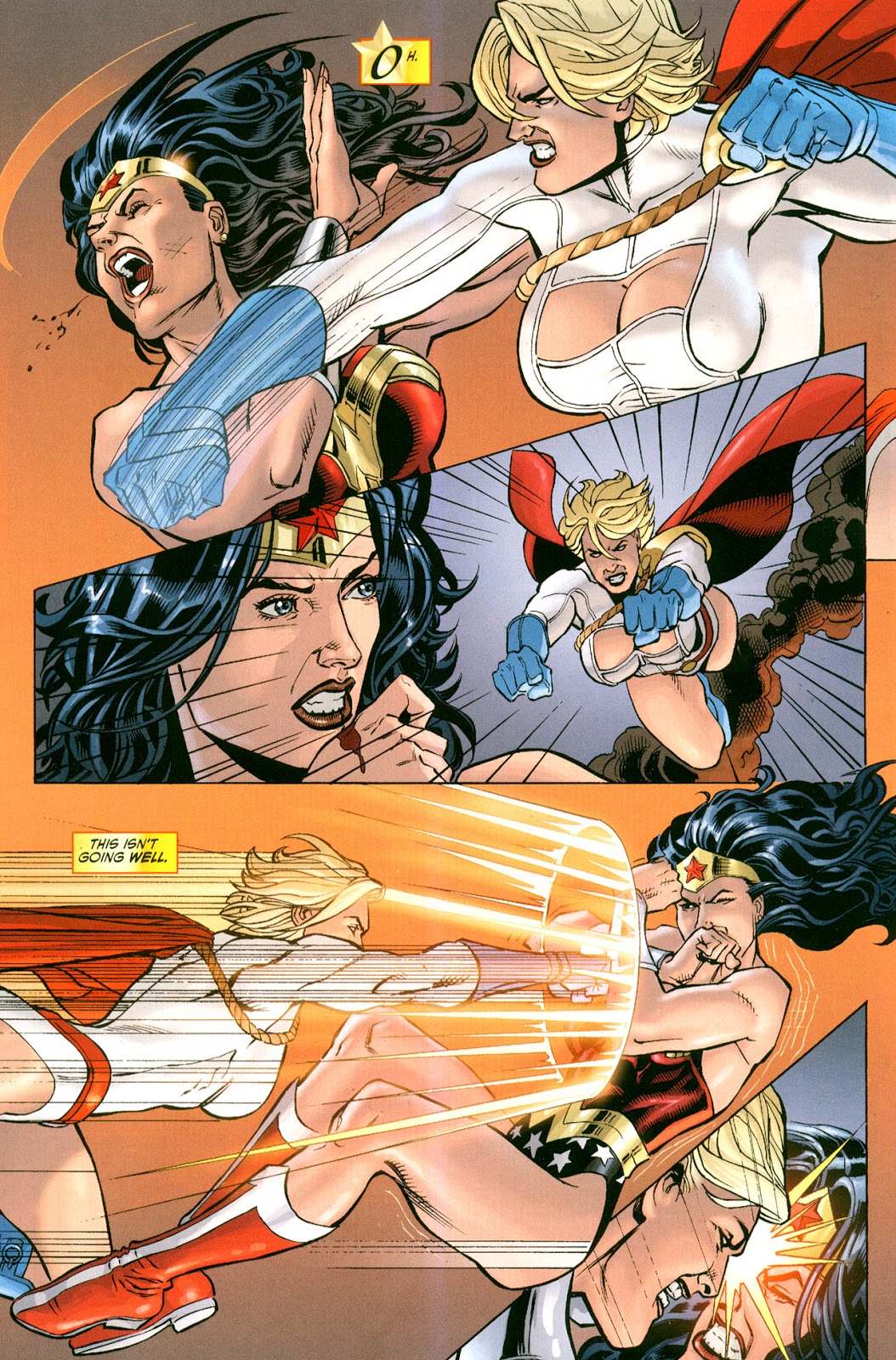 In 'Wonder Woman' (2010) #41, Power Girl possessed by the Children Of Ares punches Wonder Woman who bleeds.