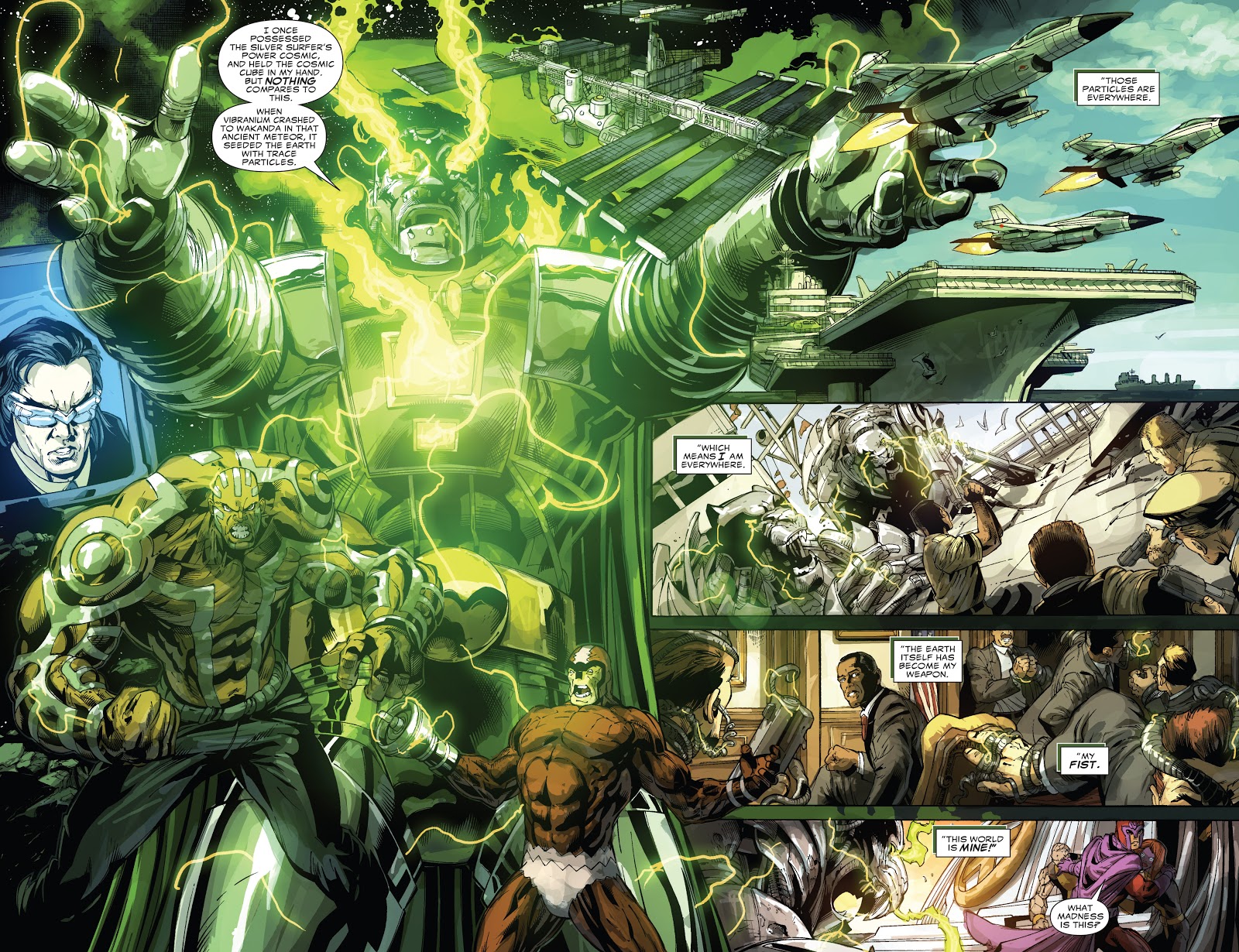 In 'Doomwar' (2010) #6, Doctor Doom upgrades his armor to planetary level with stolen Vibranium from Wakanda.