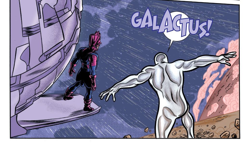 In 'Silver Surfer' (2015) #9, Silver Surfer moves the moon out of orbit and slams it into Galactus at superluminal speed.