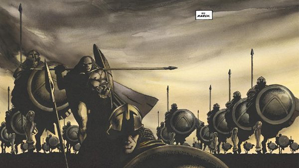 In '300' (1998) #1, King Leonidas and the 300 Spartans march towards Thermopylae.