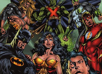 The Classic JLA line-up radially to center: Batman, Aquaman, Martian Manhunter, Green Lantern, Flash, Superman, Wonder Woman.
