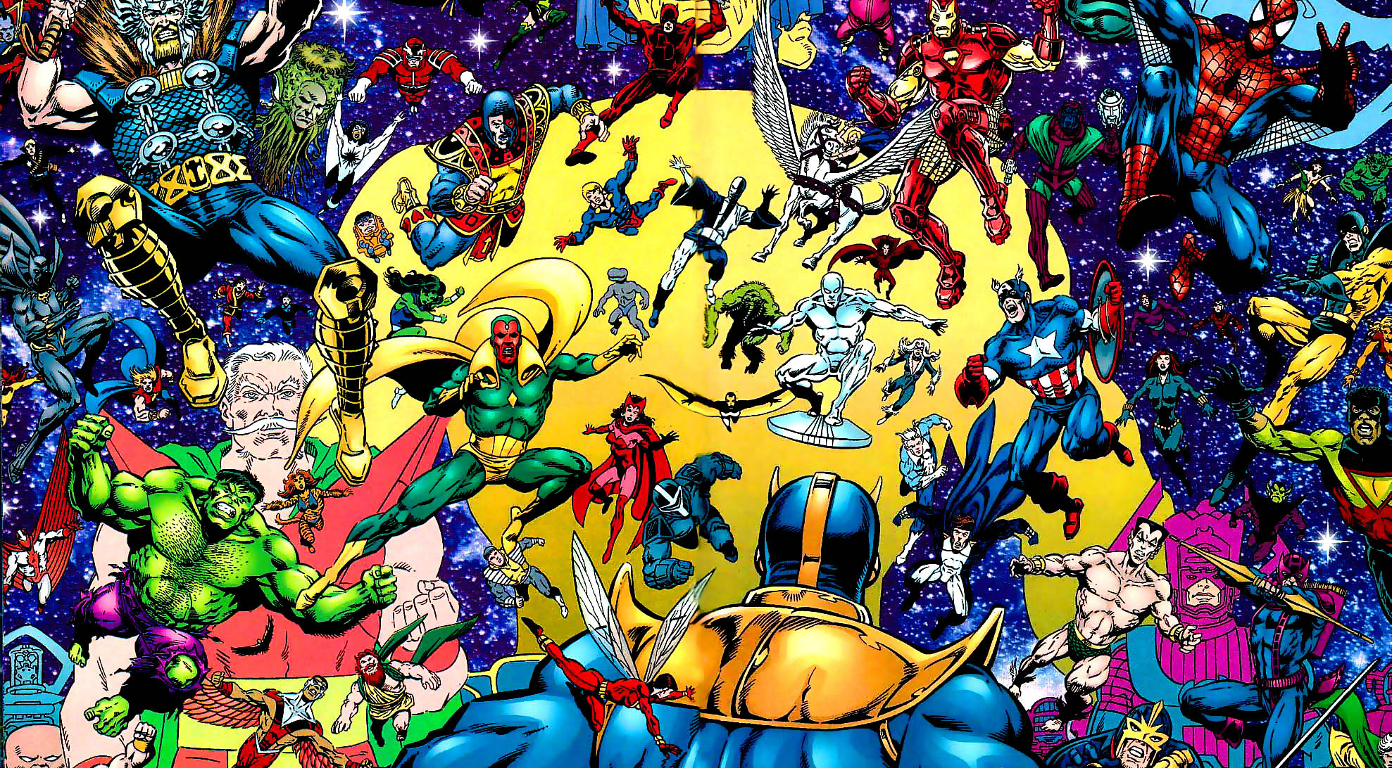 In 'Marvel Universe: The End' (2003) #5, Thanos faces the Marvel Universe assembled.